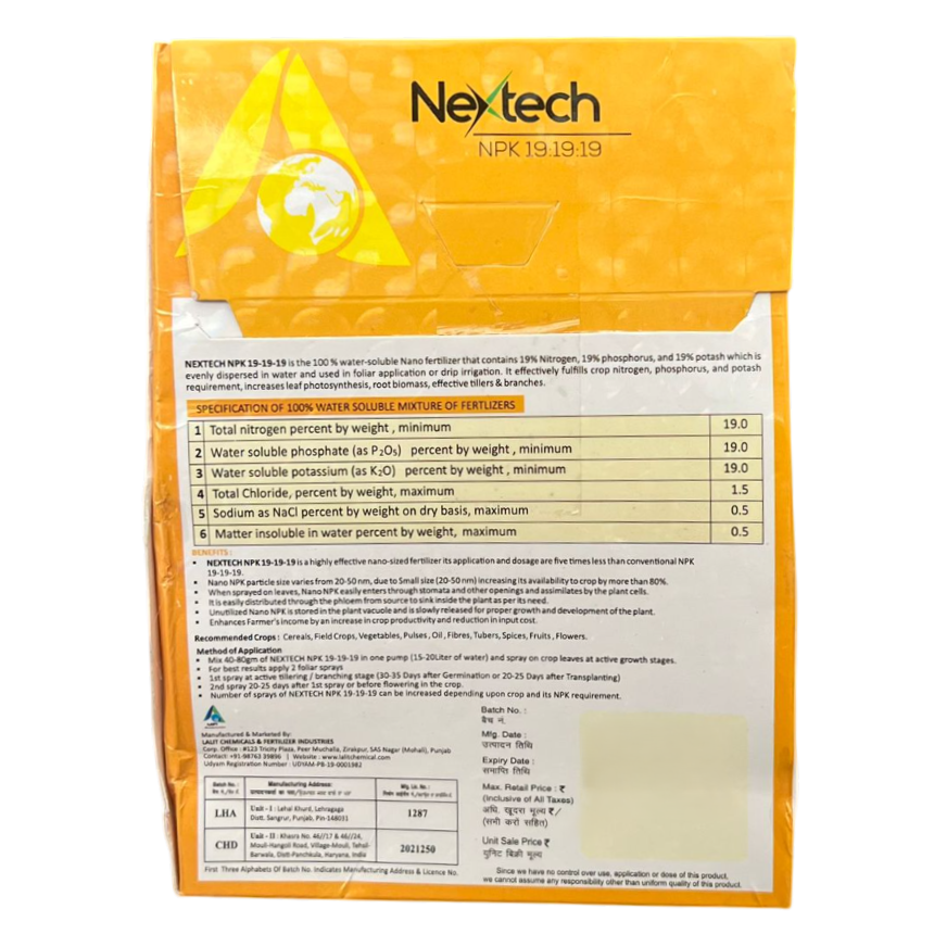 NEXTECH NPK 19-19-19 Fertilizer (Dose - 200gm/acre)