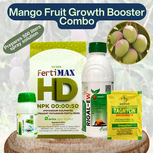 Mango Fruit Growth Booster Combo - Prepares 500lt spray solution | Aries FertiMax HD NPK 00:00:50 Fertilizer (800gm) + Rigal-EW (Triacontanol EW 0.1%) Plant Growth Regulator (1 liter) + Tagmycin (30gm) + Ultra wet silicon spreader (100ml)