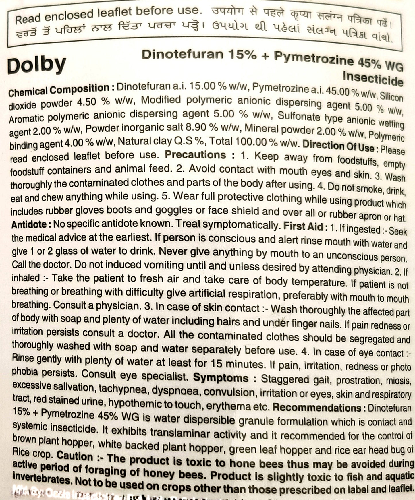 Dolby  - Dinotefuran 15% + Pymetrozine 45% WG Insecticide