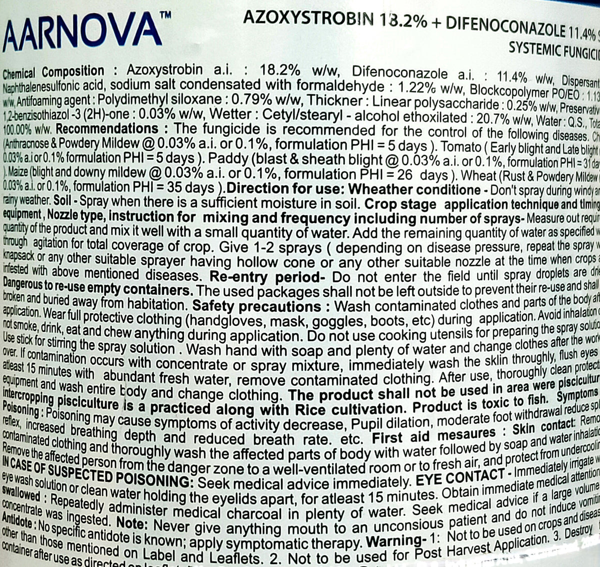 Azoxystrobin 18.2% + Difenoconazole 11.4% SC Fungicide - Aarnova ...