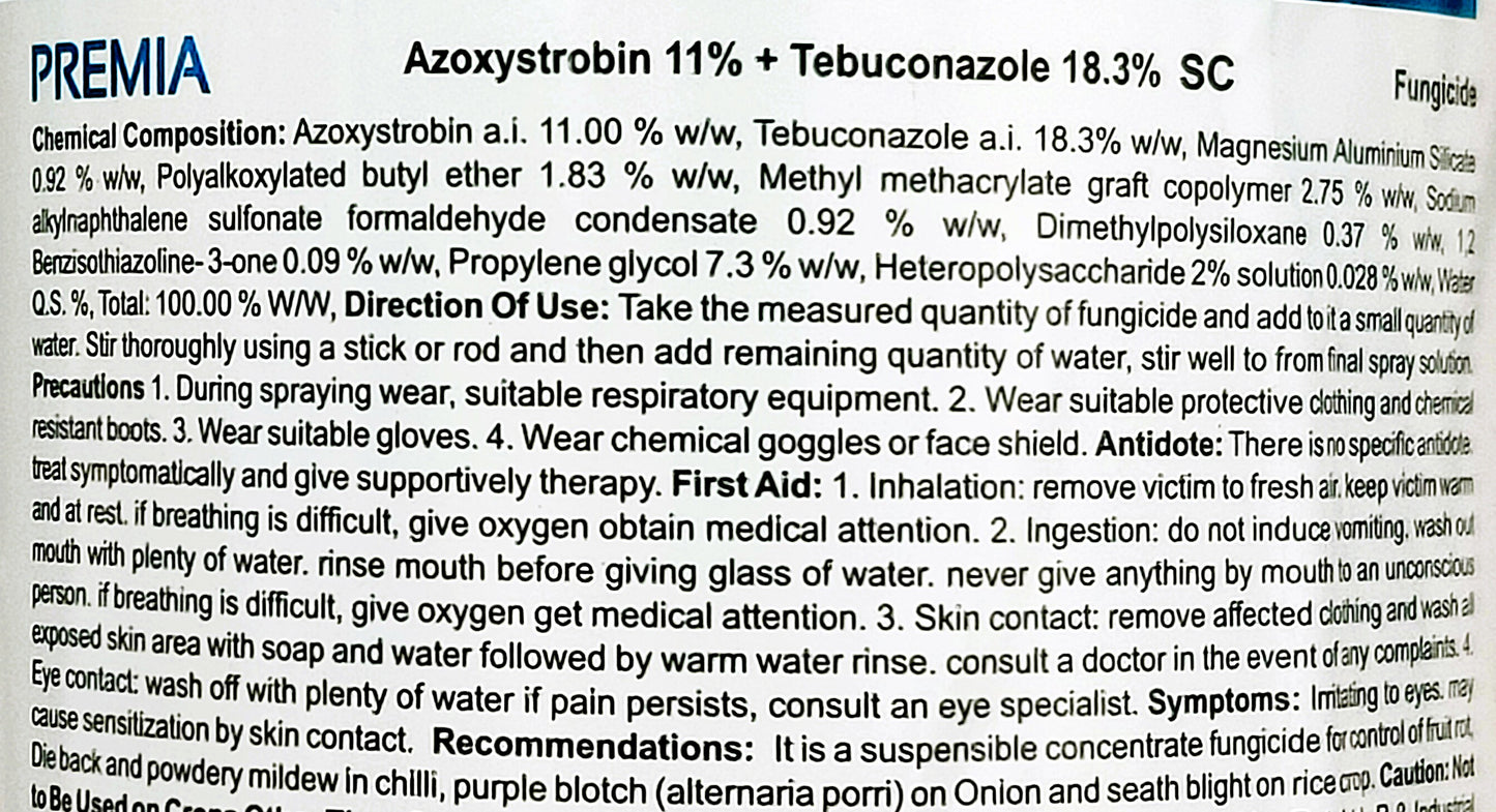 Premia (Azoxystrobin 11% + Tebuconazole 18.3% SC) Fungicide