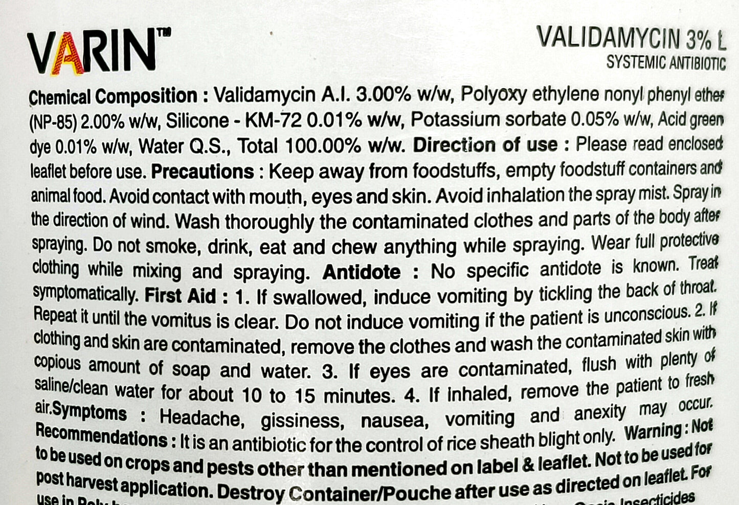 Varin Validamycin 3% L Systemic Antibiotic