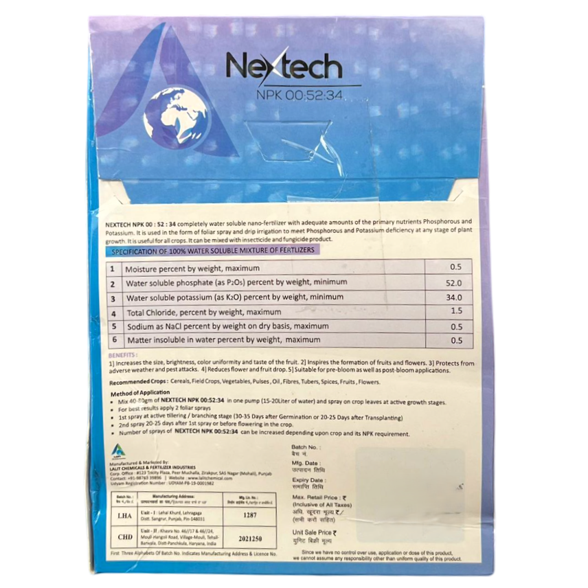 Nextech NPK 00:52:34 Fertilizer (Dose-200gm/acre)
