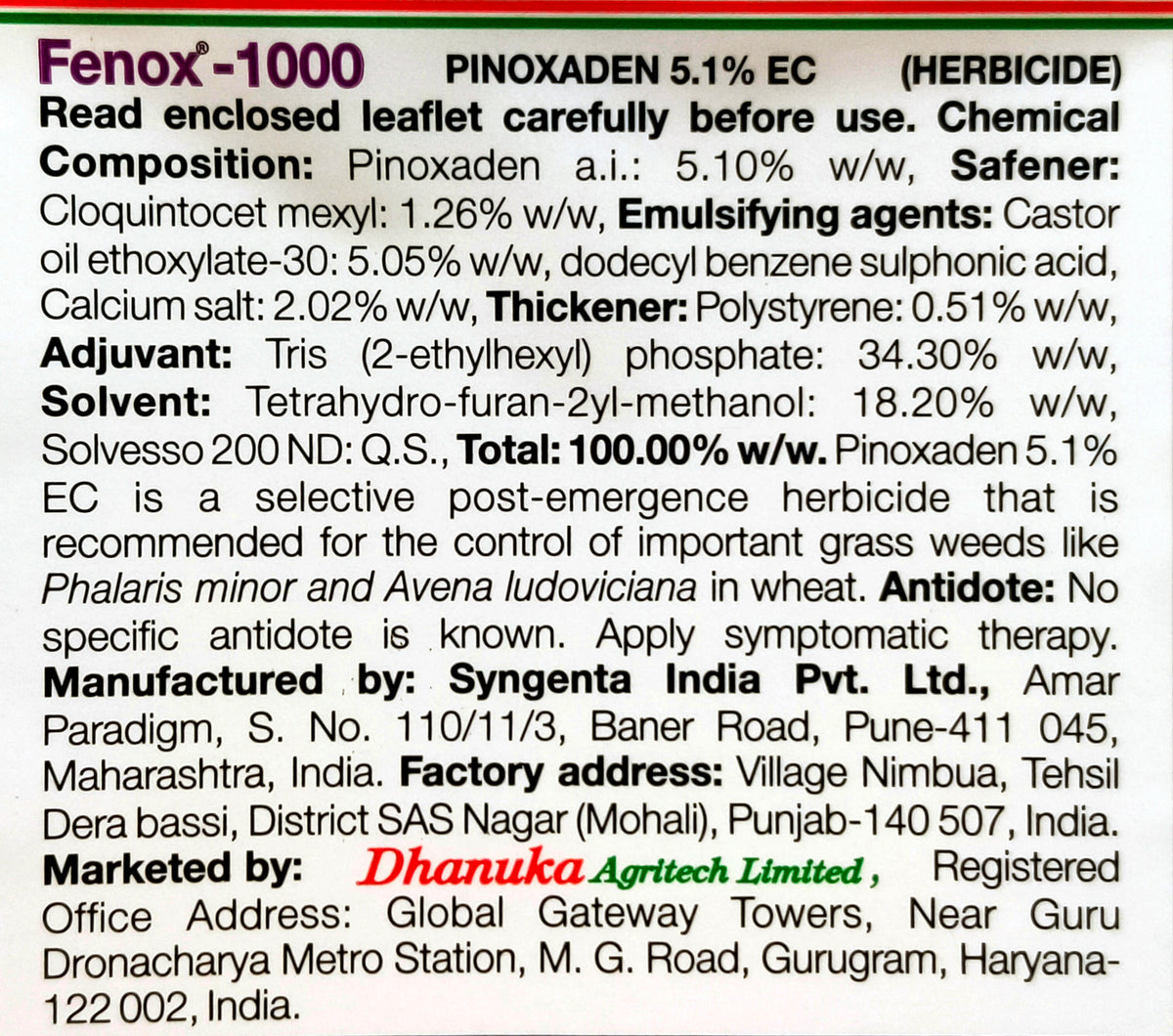 Dhanuka Fenox-1000 Herbicide product label
