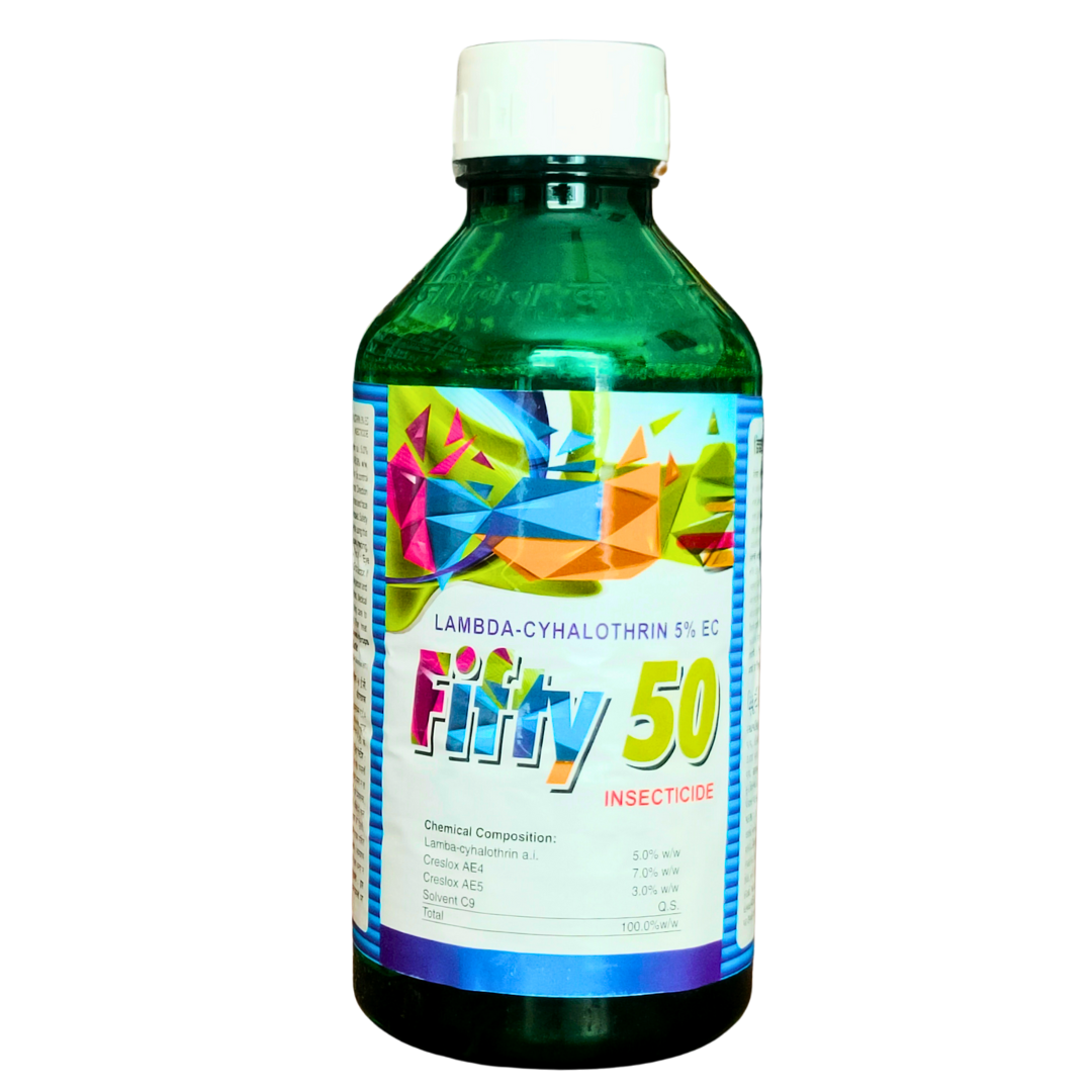 Fifty50 Lambda Cyhalothrin 5% EC Insecticide bottle - FarmMate.in