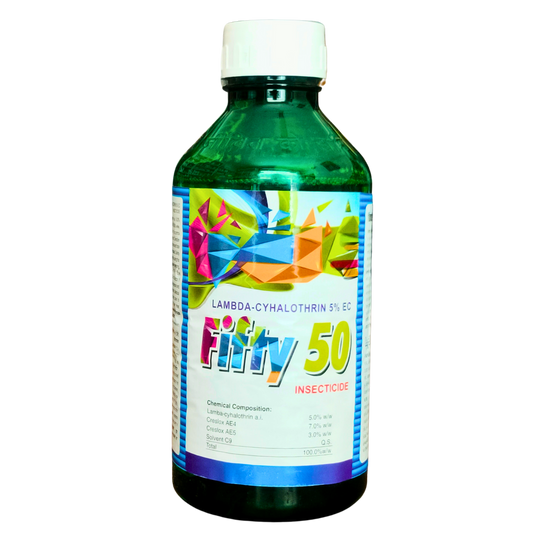 Fifty50 Lambda Cyhalothrin 5% EC Insecticide bottle - FarmMate.in
