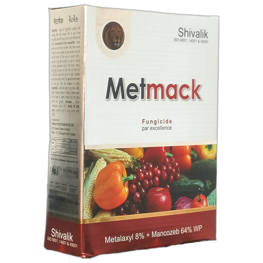 Metmack Metalaxyl 8% + Mancozeb 64% WP Fungicide bottle - FarmMate.in