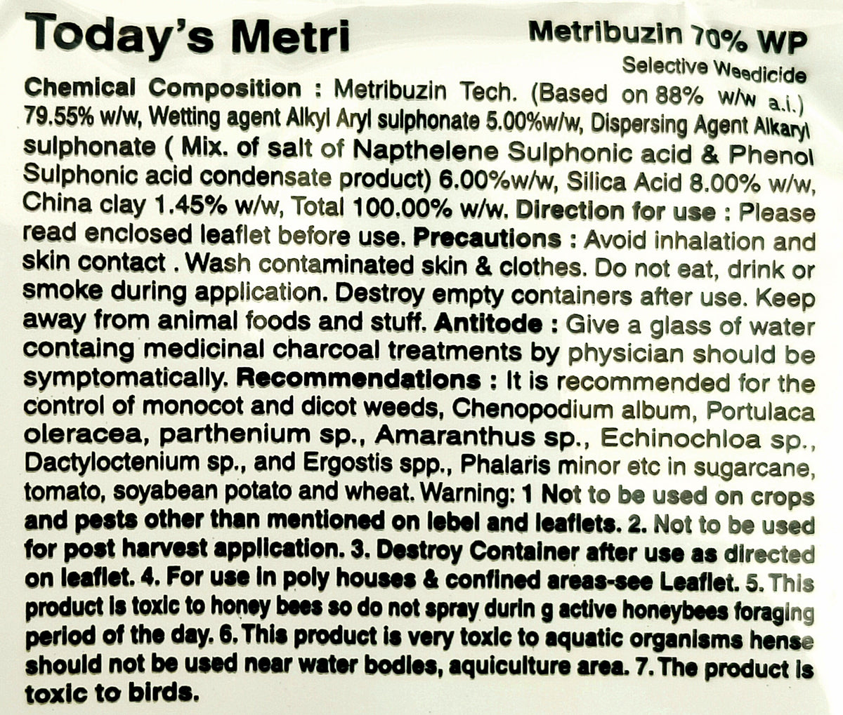 Today's Metri Herbicide product label
